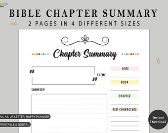 May include: Printable Bible chapter summary template with a colorful design. The template includes sections for the date, book, chapter, theme, summary, and key characters.