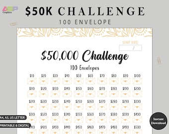 50K 100 ENVELOPE CHALLENGE Printable | 50,000 Saving Tracker | 50K Challenge | Savings Goal | Money Challenge | A3, A4, US Letter.