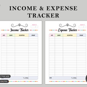 May include: Printable income and expense tracker with colorful borders. The tracker has columns for date, source, description, and amount. The text "Income Tracker" and "Expense Tracker" are at the top of each page.