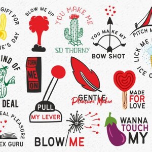 May include: A collection of 16 colourful illustrations with humorous Valentine's Day themed puns. The illustrations include a cactus, a banana, a pickle, a feather, a lever, a book, a tent, a lollipop, a candle, an aubergine, and an explosion.