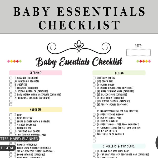 Baby Essentials Checklist | Baby Registry Checklist Printable | New-born Must Haves List | Pregnancy Checklist PDF | Happy Planner