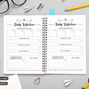 May include: A printable daily reflection journal with a white background and black text. The journal has sections for noting notable moments, what went well, what didn't go well, how to improve, a positive news story or announcement, and goals in progress.