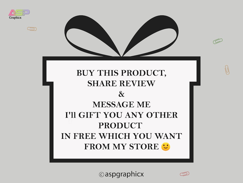 May include: A black and white illustration of a gift box with a ribbon. The text on the box reads "BUY THIS PRODUCT, SHARE REVIEW & MESSAGE ME I'll GIFT YOU ANY OTHER PRODUCT IN FREE WHICH YOU WANT FROM MY STORE".