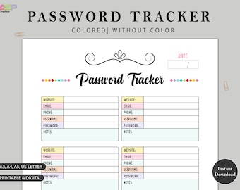 Password Tracker Log | Printable Password Keeper (A3, A4, A5, Letter)
