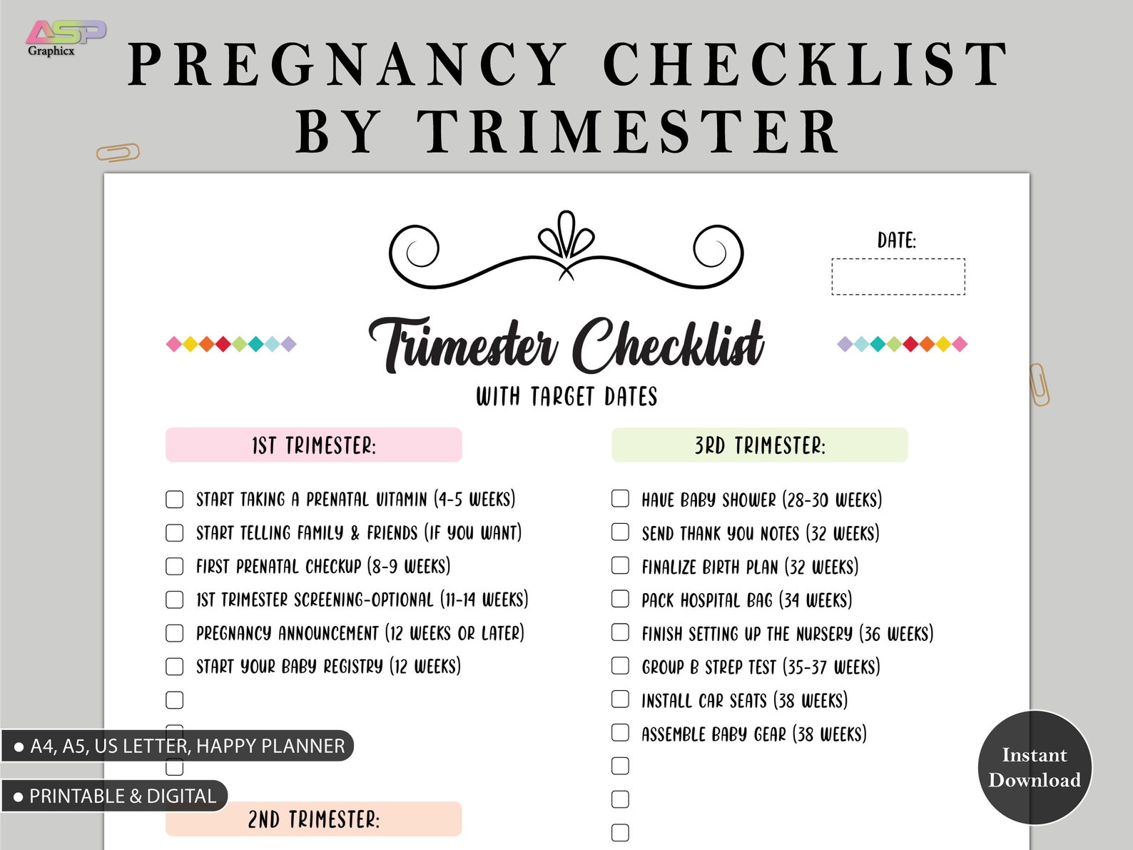 Pregnancy Trimester Checklist | Printable Pregnancy Planner (PDF) - Etsy