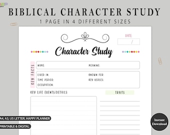 May include: Printable character study worksheet with sections for name, meaning, lived in, time period, occupation, key life events, known for, key verses, and traits. The worksheet has a black and white design with a decorative flourish at the top.