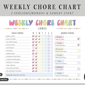 Editable Chore Chart for Kids | Kids Daily Weekly Responsibility Chart | Kids Chore List | Kids Daily Routine Checklist | PDF Printable
