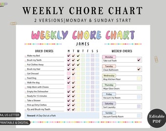 Editable Chore Chart for Kids | Kids Daily Weekly Responsibility Chart | Kids Chore List | Kids Daily Routine Checklist | PDF Printable