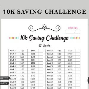 10K 52 Week Saving Challenge Printable | 10000 In 1 Year | House Savings | Savings Goal | Money Saving Challenge | Savings Plan.