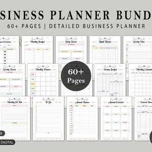 May include: A printable business planner bundle with 60+ pages. The pages are organised into sections for business overview, weekly budget, daily review, habit tracker, weekly plan, weekly review, weekly planner, monthly budget, monthly calendar, weekly to-do, to-do, annual finance, annual overview, and personal finance tracker. The pages are decorated with colourful borders and patterns.