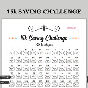 15K 100 ENVELOPE CHALLENGE Printable | 15,000 Saving Tracker | 15K Challenge | Money Savings Challenge | A3 A4 A5 Letter Size