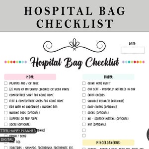 Hospital Bag Checklist | Customizable Fillable Printable PDF - Ultimate List for Mom | Baby and Partner to Prepare for Labor and Delivery