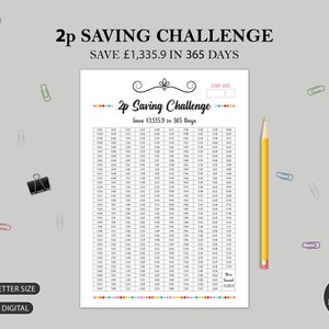 365 días 2p Saving Challenge Imprimible / Teach Kids to Save / Pound Saving / Penny Savings Challenge / Money Saving / A3 A4 A5 Tamaño carta