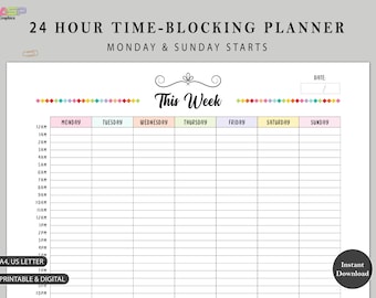 Time Blocking Weekly Planner Printable | 24 Hour Schedule (Digital Download)
