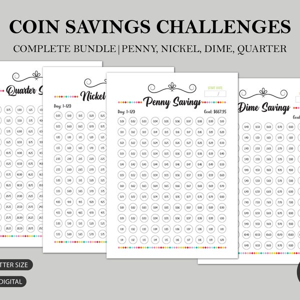 365 Tage Penny Nickel Dime Quarter SAVINGS CHALLENGE BUNDLE - Geld sparen Challenge | Coin Savings Challenge | A3, A4, A5, Letter-Format.