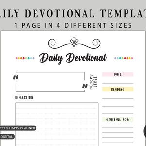 Pode incluir: Modelo de devocional diário imprimível com seções para data, versículo de memória, leitura, reflexão e gratidão. O modelo está disponível em quatro tamanhos diferentes: A4, A5, US Letter e Happy Planner.