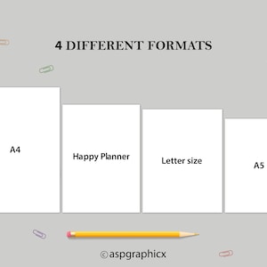 May include: A graphic comparing four different paper sizes: A4, Happy Planner, Letter size, and A5. The sizes are represented by white rectangles with the names printed in black text. The graphic is on a light gray background with a yellow pencil and colorful paper clips.