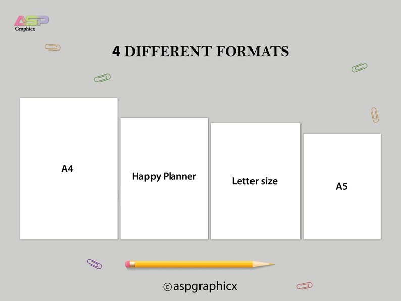 May include: A graphic comparing four different paper sizes: A4, Happy Planner, Letter size, and A5. The sizes are represented by white rectangles with the names printed in black text. The graphic is on a light gray background with a yellow pencil and colorful paper clips.