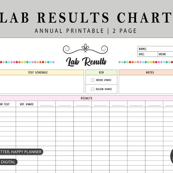 Medizinische Labortest Ergebnisse Tabelle | Druckbare Tabelle zum Überwachen von Bluttestergebnissen | Sofort Download, A4, A5, Happy Planner, US Letter.