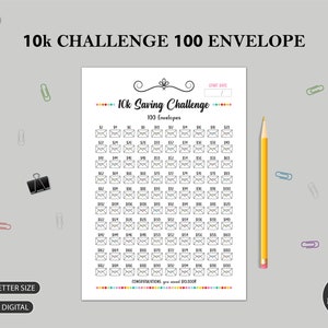 10K 100 ENVELOPE CHALLENGE Printable | 10,000 Saving Tracker | 10K Challenge | Money Goal Savings Challenge | A3 A4 A5 Letter Size