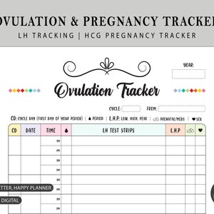Puede incluir: Seguimiento de ovulación y embarazo imprimible con secciones para el día del ciclo, la fecha, la hora, las tiras de prueba de LH y el LHP. El seguimiento tiene un esquema de color azul claro, rosa y amarillo.