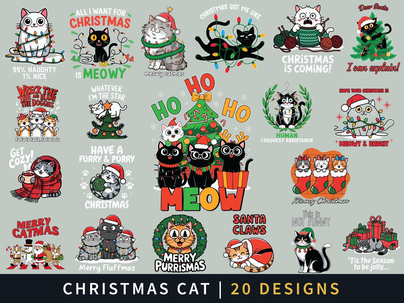Christmas Black Cat PNG/SVG Bundle, Cute Cat Christmas Lights Svg ...