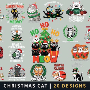 Noël chat noir PNG/SVG Bundle, chat mignon Noël lumières Svg, drôle joyeux Catmas Png, père Noël drôles de chats Png, chat de Noël vintage