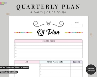 Quarterly Planner | 90-Day Goal Planner | 3 Months Planner Printable | Yearly Goal | Quarterly Goal | A4, A5, Happy Planner, Us Letter