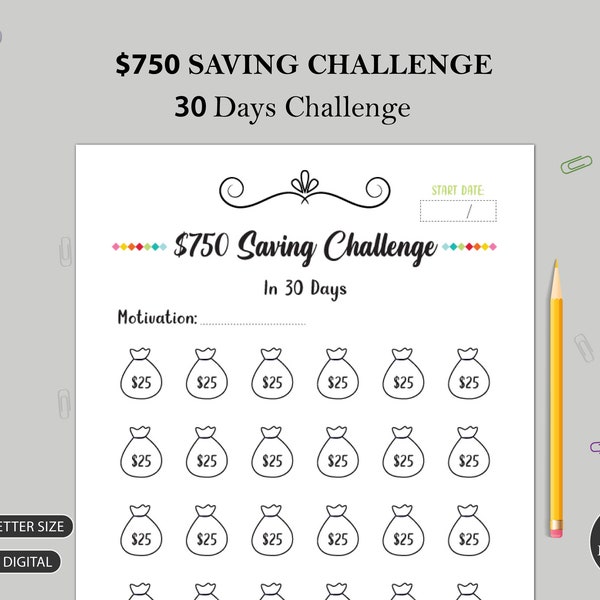 30 Days Mini Savings Challenge | Saving Challenge For One Month | 750 Dollar Challenge Printable | A3 A4 A5 Letter Size