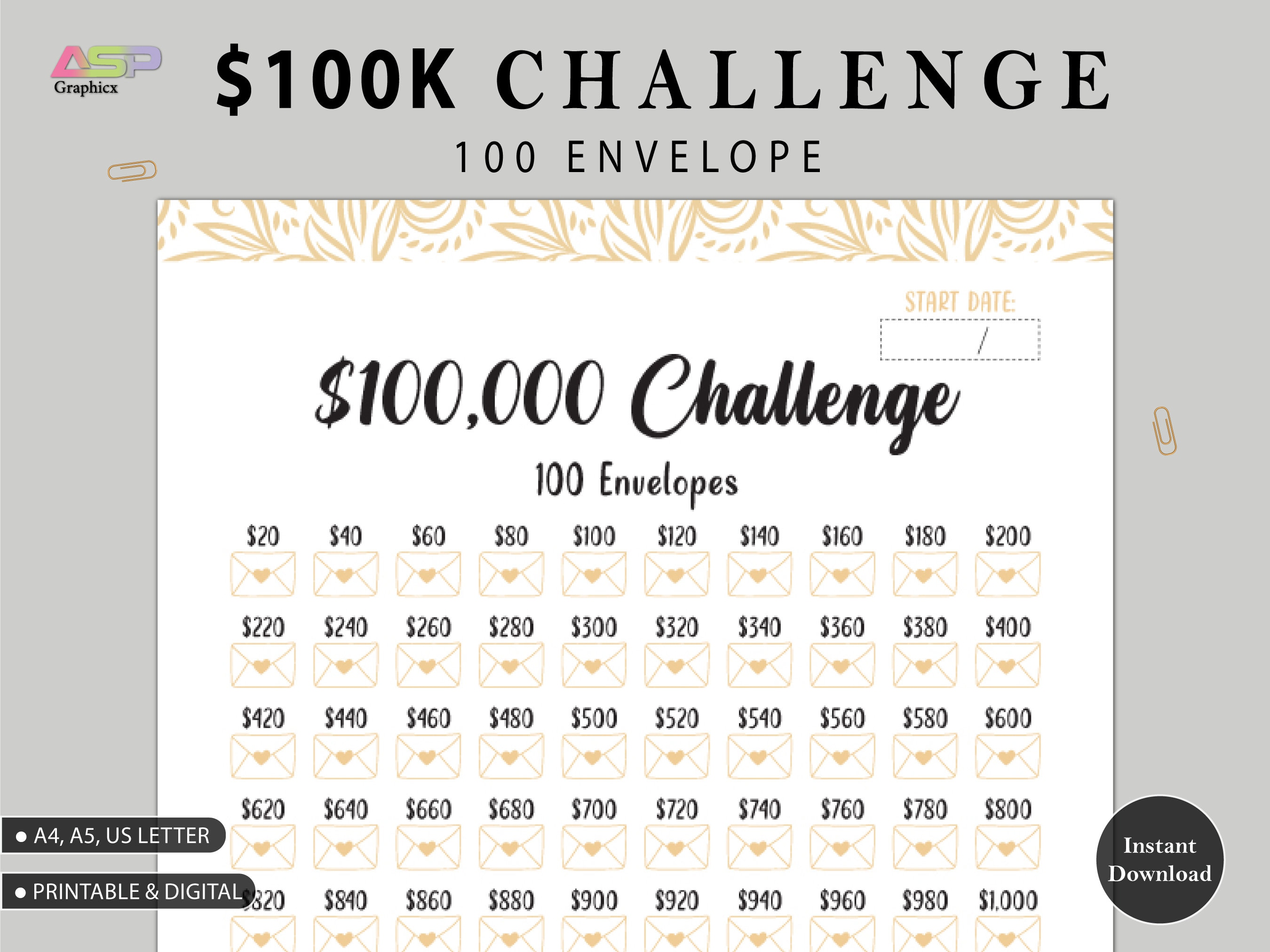 100K 100 ENVELOPE CHALLENGE Printable | 100,000 Saving Tracker | 100K Challenge | Savings Goal | Money Challenge | A3, A4, US Letter.