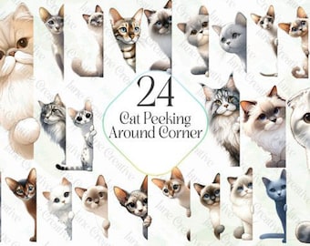 Peeking Cat PNG Clipart, Peeking Kitten Silhouette, Peeking Cats Template, Cut Files, Instant Download, 24 Cat PNG Sublimation Bundle