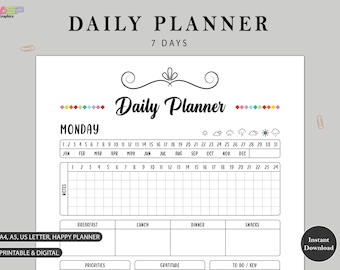 Daily Planner Printable | Hourly, Weekly, A4 A5 Letter (Digital Download)