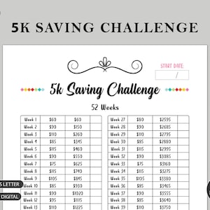 May include: Printable 5K Saving Challenge chart with a colorful design. The chart includes a weekly savings goal and a total savings amount for each week. The chart is designed to help people save $5,000 over 52 weeks.