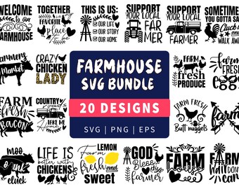 May include: A collection of 20 farmhouse-themed SVG designs. The designs feature various farm-related images and text, such as chickens, cows, pigs, eggs, and phrases like "Farm Fresh", "Crazy Chicken Lady", and "Support Your Local Farmer".