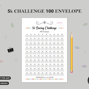 5K 100 ENVELOPE CHALLENGE Printable | 5,000 Saving Tracker | 5K Challenge | Money Savings Challenge | A3 A4 A5 Letter Size