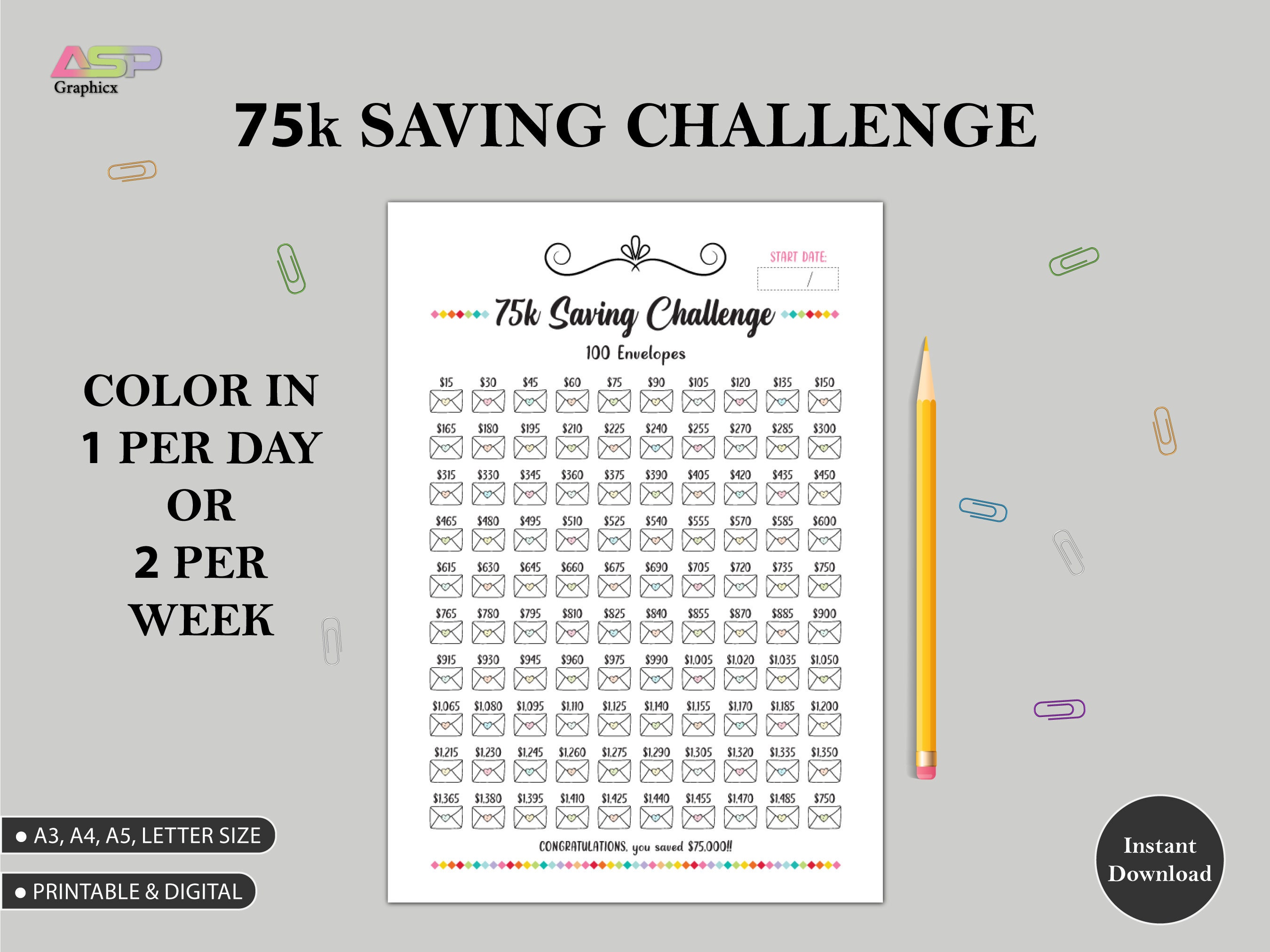75K Savings Challenge Printable | 100 Envelope Tracker (A3 A4 A5 Letter ...