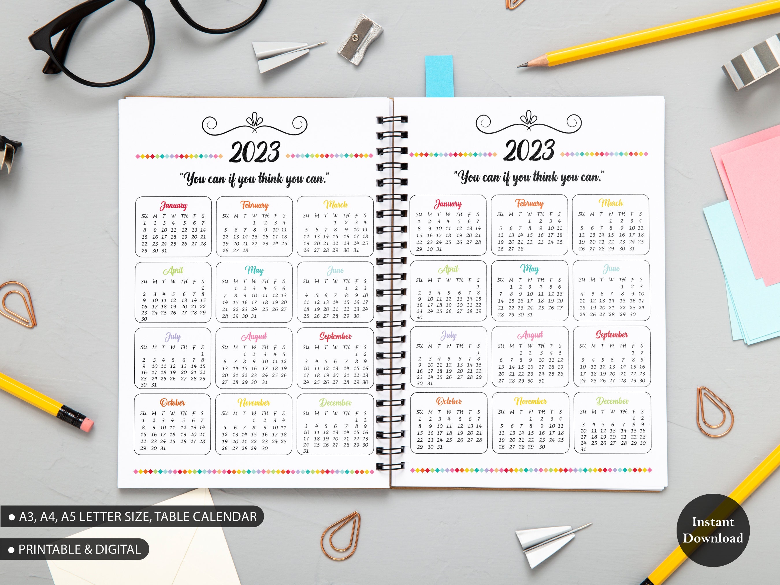 2023 Calendar Printable, Desk Calendar, Sunday Start, Monthly Calendar, New Year, Planner, Classic Happy, A3, A4, A5, Letter Size