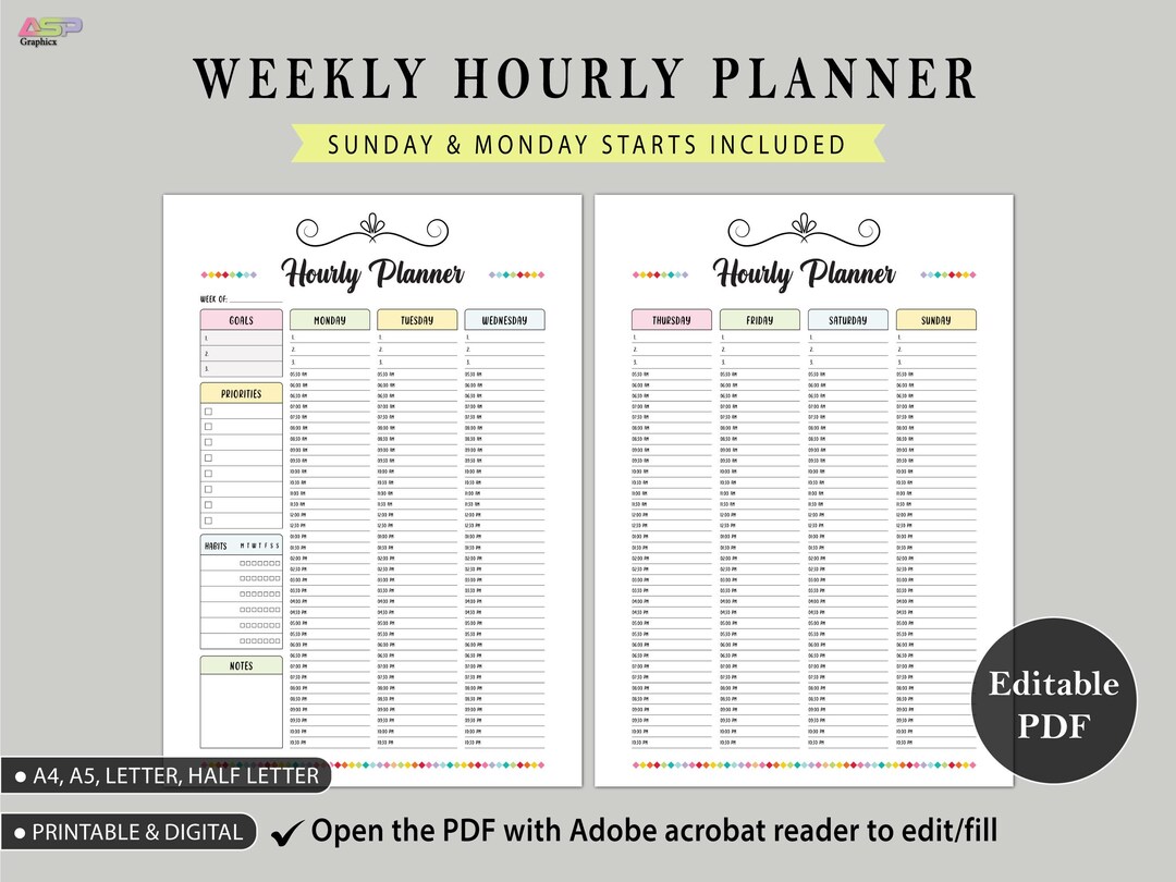Weekly and Daily Planner PDF Inserts | Hourly Planner & to Do List | A4 ...