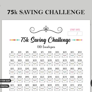 75K 100 ENVELOPE CHALLENGE Imprimible / 75,000 Saving Tracker / 75K Challenge / Money Savings Challenge / A3 A4 A5 Tamaño Carta