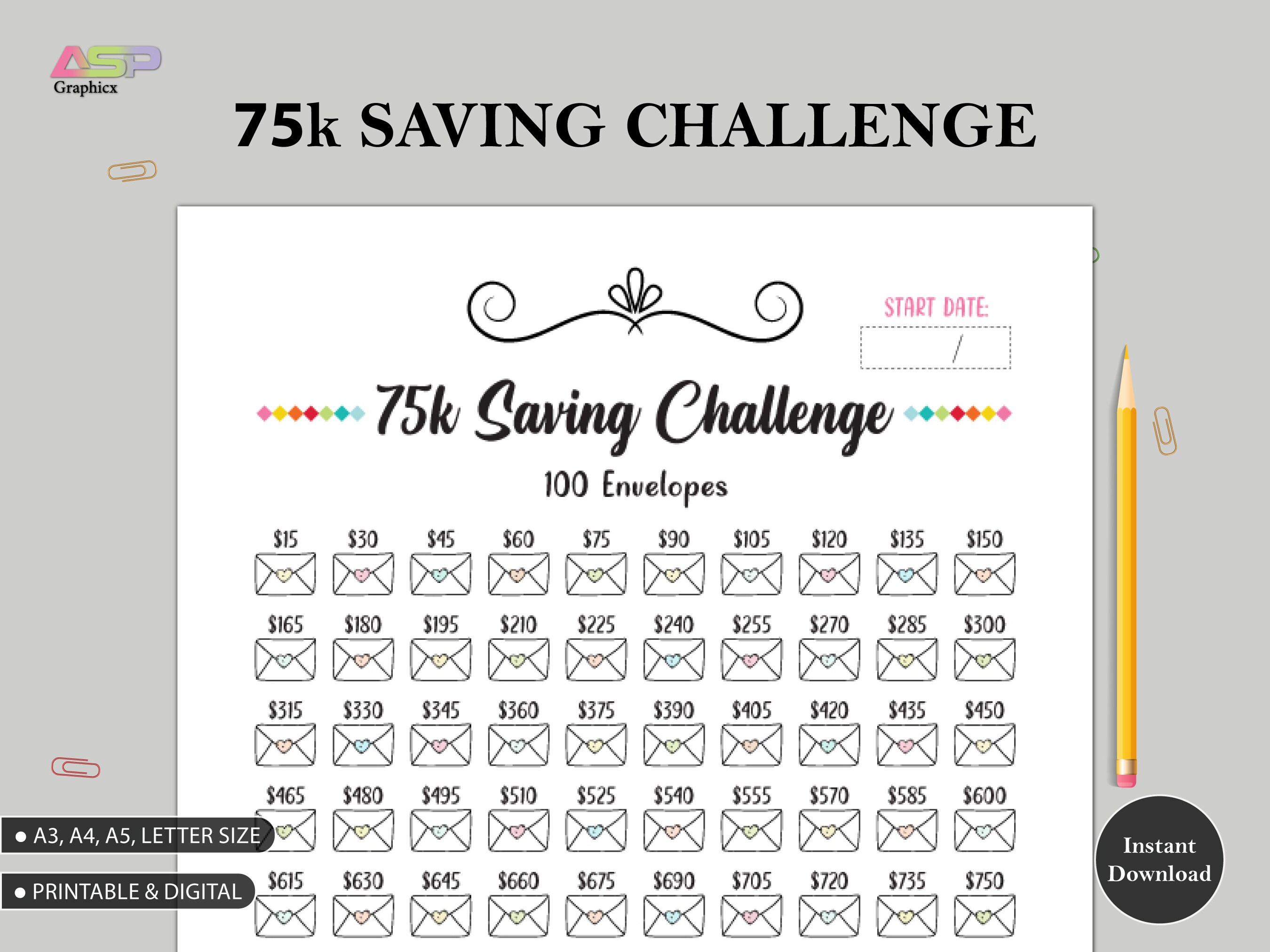 75K 100 ENVELOPE CHALLENGE Printable | 75,000 Saving Tracker