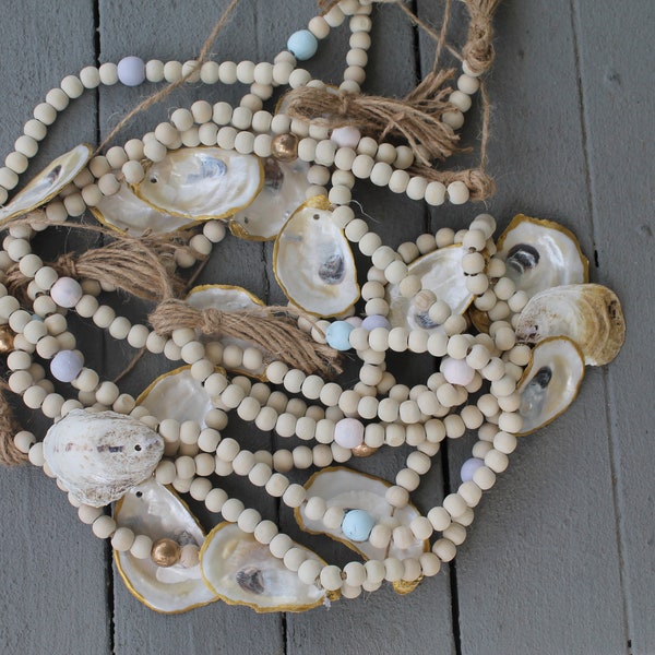 Oyster shell garland, table runner, coastal boho chic table decor, nautical, tassels