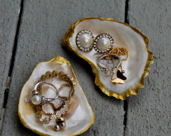 Set of 2 oyster shell ring dishes or trays, pearl white