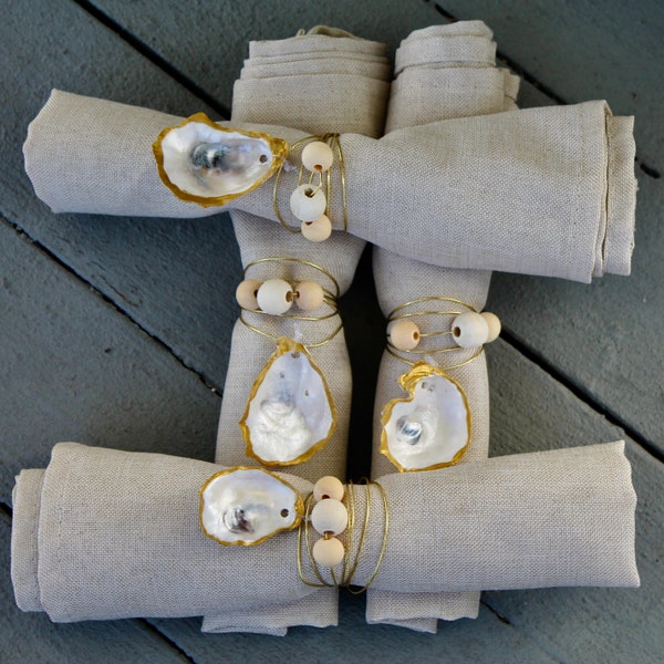 Oyster shell napkin rings, coastal boho chic table decor, nautical, holiday winter Christmas wire, beaded, natural wood