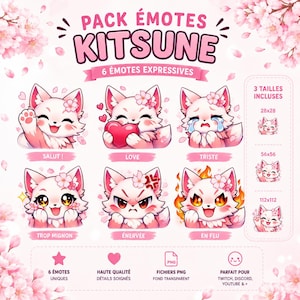 Kitsune Sakura Twitch Emotes Pack, Anime Chibi Pink Emotes – Streaming Overlay PNG