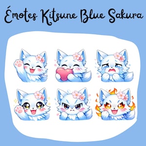 Peut inclure: Ensemble de six émoticônes de renard de dessin animé avec une fourrure bleue, chacune ornée d'une couronne florale. Les émoticônes affichent diverses expressions, notamment un signe de la main, tenant un cœur, pleurant, des yeux brillants, un visage en colère et une expression enflammée. Le texte "Émotes Kitsune Blue Sakura" est en haut.