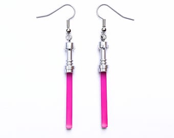 Pink Lightsaber Earrings, Hypoallergenic Stainless Steel, Sci Fi Fan Jewelry