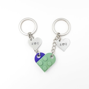 Heart Keychain Set • Made With Genuine LEGO® • Custom Hand Stamped Keychain • Matching Couples Gift Set • Anniversary • Personalized Gift