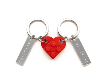 Heart Keychain Set • Made With Genuine LEGO® • Hand Stamped With Anniversary Date • Personalized Matching Couples Gift Set • Best Friends