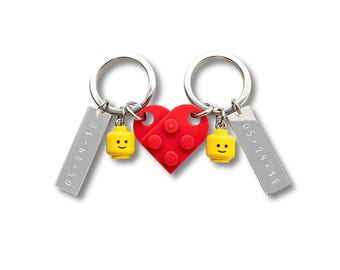 Llavero de corazón / Hecho con LEGO® original / Fecha de aniversario, Minifiguras con caras sonrientes