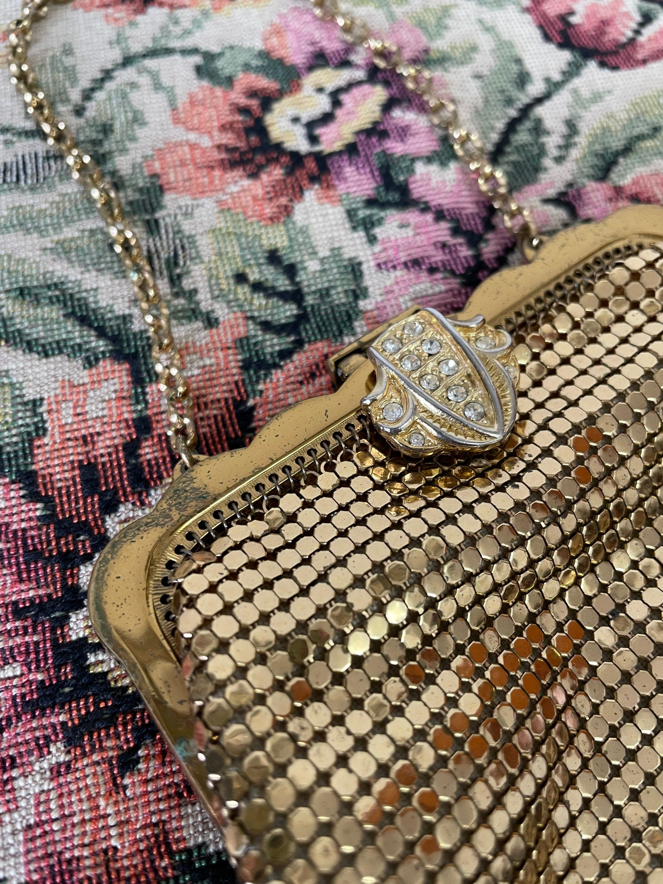 Vintage Whiting & Davis Gold Mesh Bag W/Ornate Rhinestone